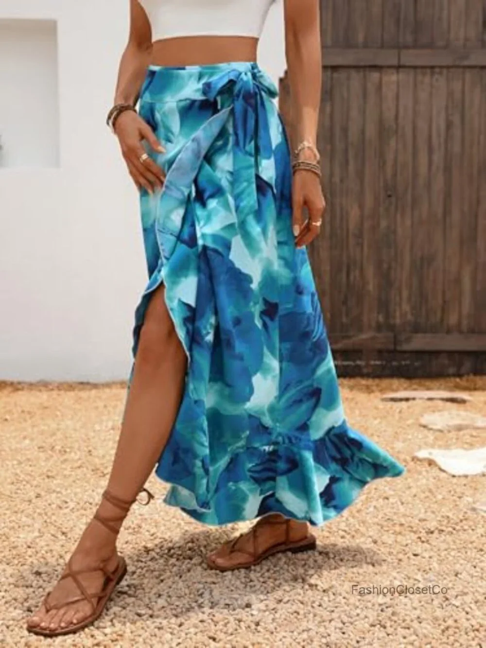 Boho Floral Wrap Maxi Skirt with Knotted Belt Asymmetric Hem Ruffle Split - Picture 2 of 7